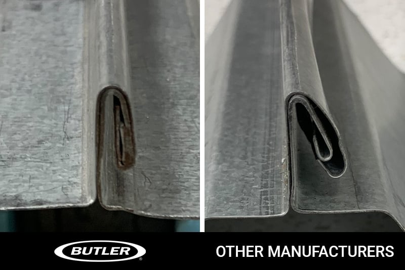 A side-by-side comparison image shows the difference between Butler and other manufacturers’ roof panel double lock seams.