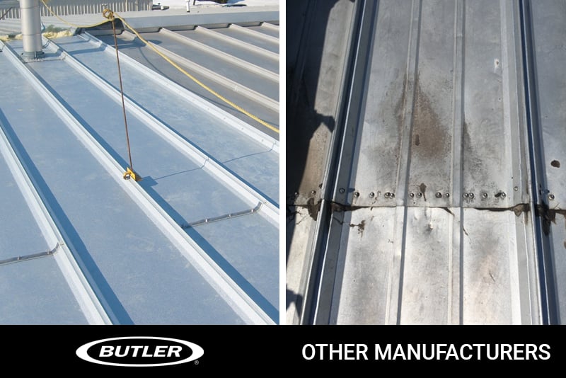 Two silver-colored metal roofs side by side shows the roof panel details, and the difference between Butler and other manufacturers.