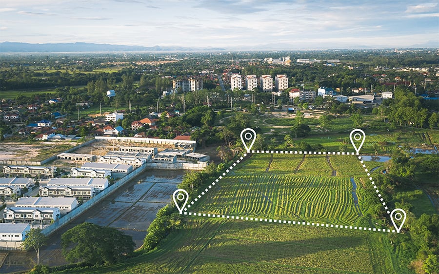 Aerial view of land and positioning point area