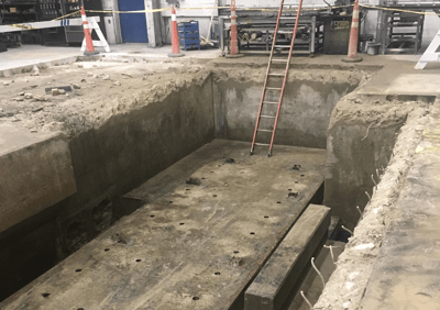 Material handling and special projects from ACE Building Service include Boring bar foundation and machine bases such as this one being put in a shop floor