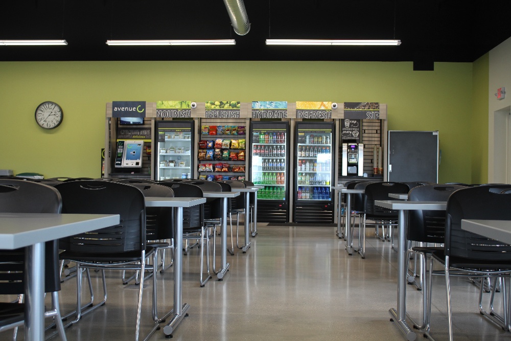 an employee break room with vending machines