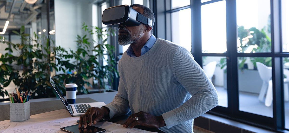 business professional using virtual reality in office