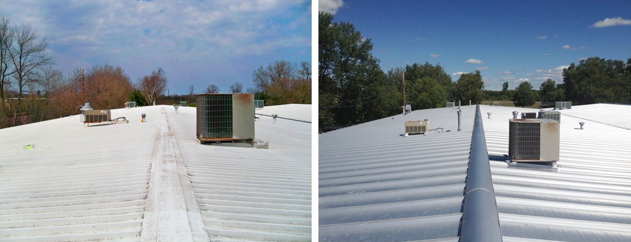  The difference between an old metal roof and new metal roof can be seen on a large industrial building in a wooded setting. 