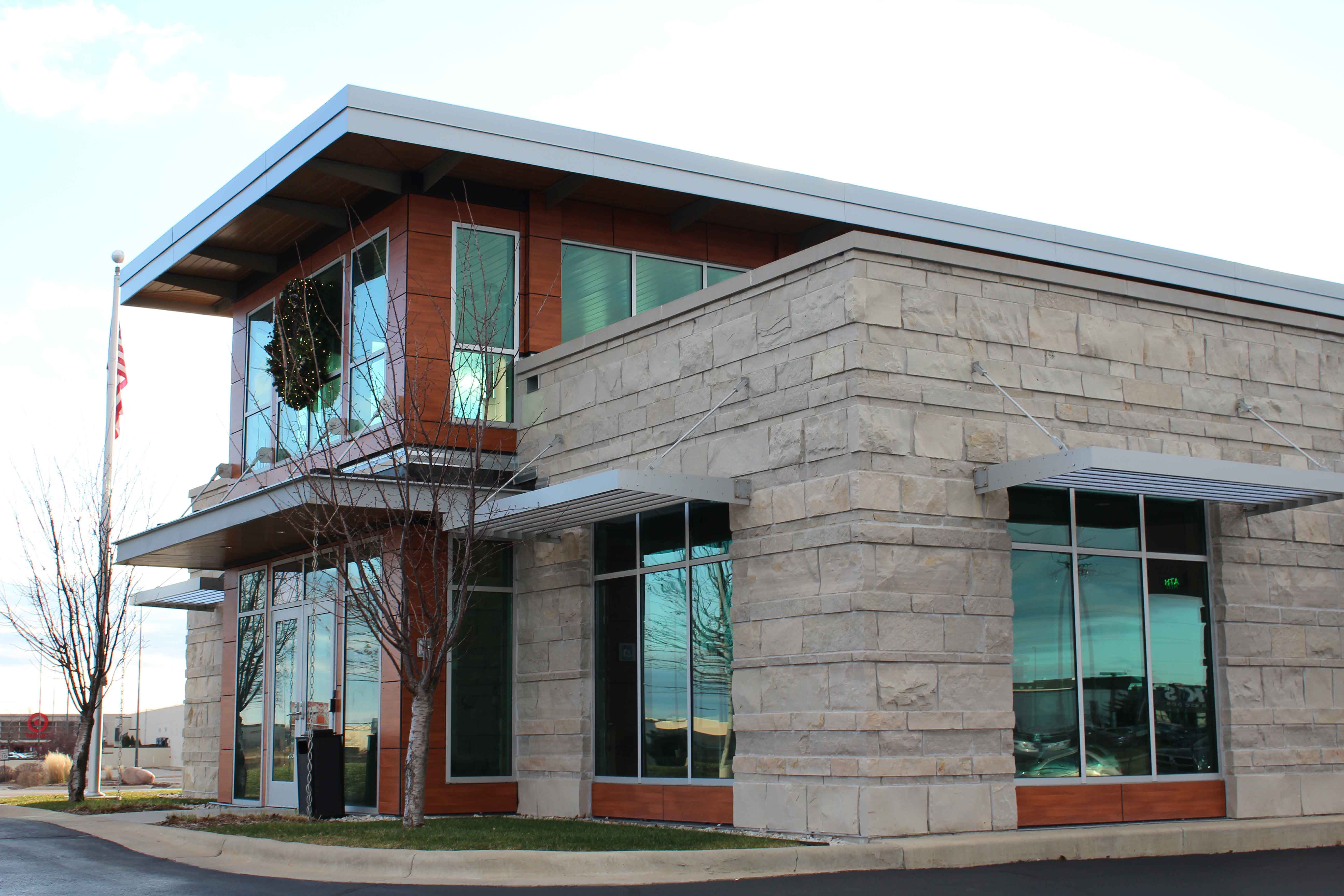 Bank First National - Grand Chute, WI - 45 degree shot of front entrance